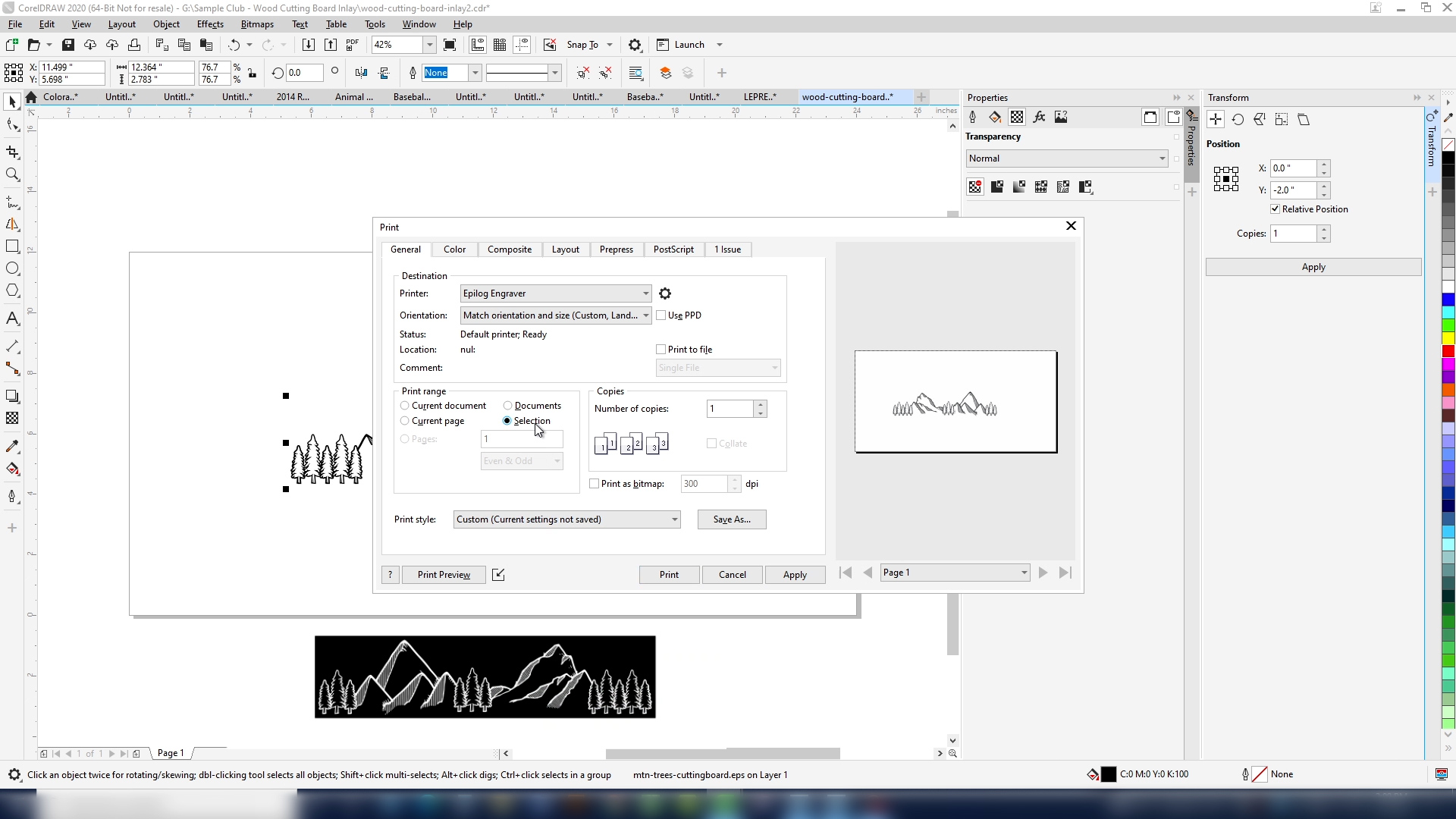 Print the artwork to the Epilog Laser Dashboard